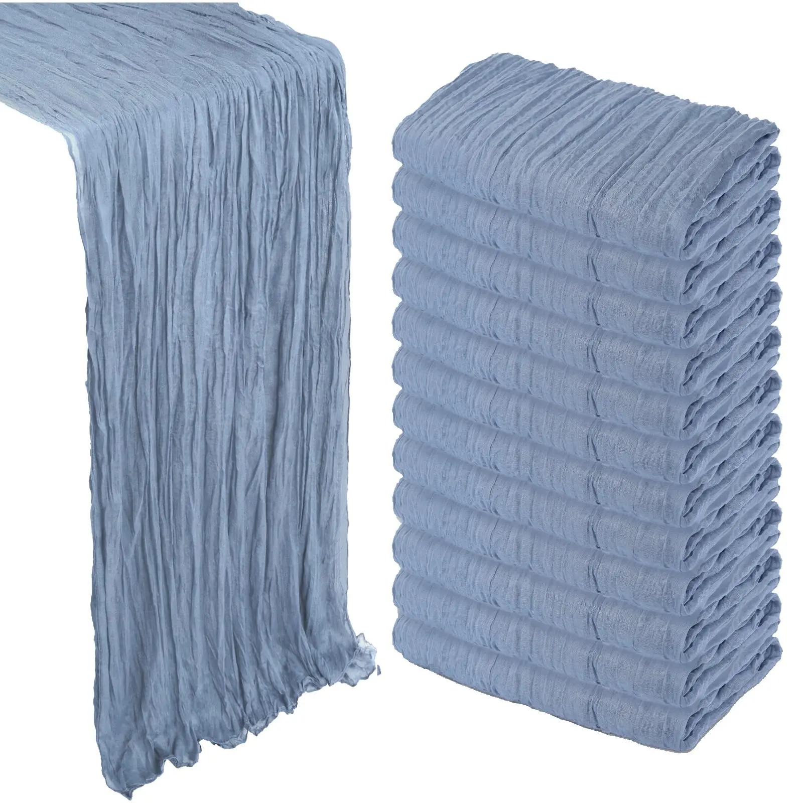 Dusty Blue & Blush Pink Seamless Cheesecloth Table Runner (17x108 in) - 6/12 Pack Semi-Sheer Boho Gauze Fabric, Pleated Design, for Backdrop Draping, Party Decorations, Romantic Vibe Easter Home Use, Seamless Technology