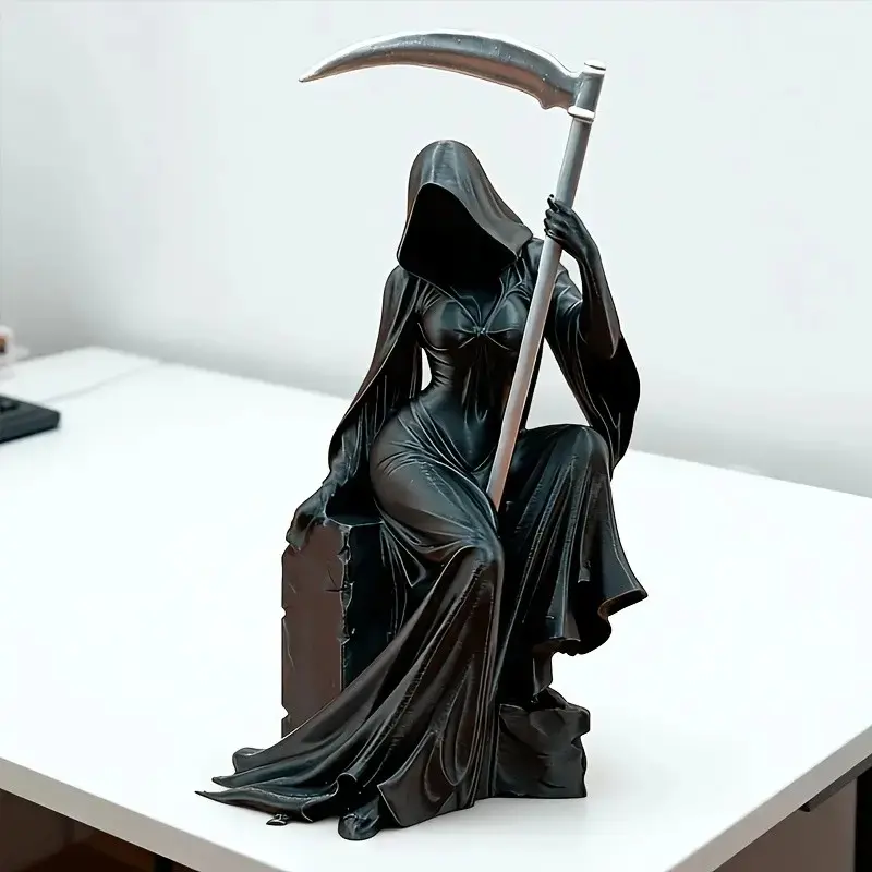 Dark Gothic Decorative Sculpture, Statue, Decor Figurine, Dark Figure Decor, Female Reaper Holding Scythe, Mystical Art Piece for Desktop Display, Unique Dark Atmosphere Ornament, Decorative Ornaments