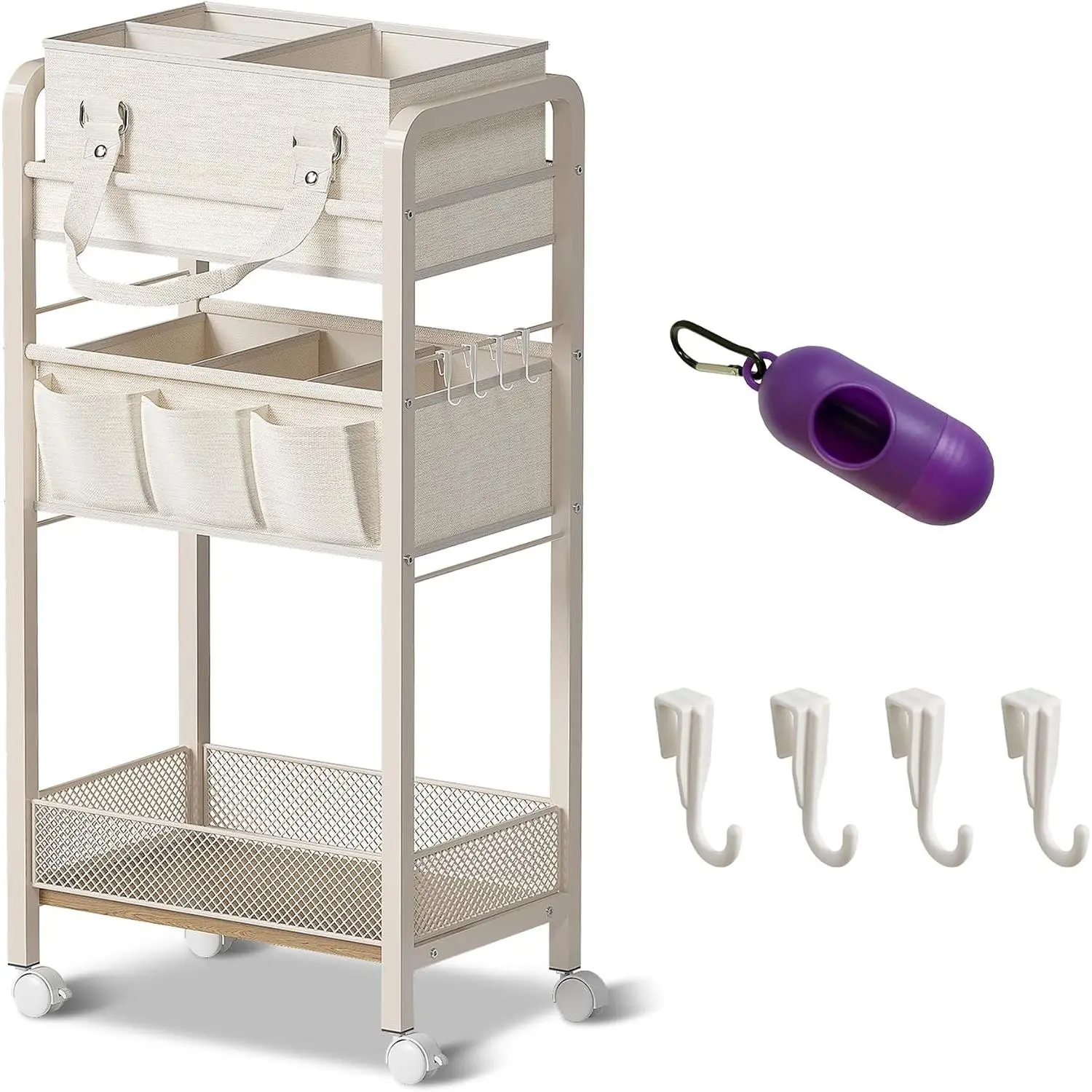 Baby Diaper Caddy Organizer and Storage, 2-in-1 Nursery Cart with Diaper Caddy + 3-Tier Rolling Cart, Baby Bedside Storage, Easy Assembly, Beige(Gift)
