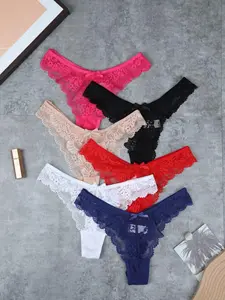 6 Pcs Floral Lace Thongs, Butterfly Knot Detail, Sexy Comfortable Breathable Stretch, Women's Underwear Panties for Parties/daily Wear