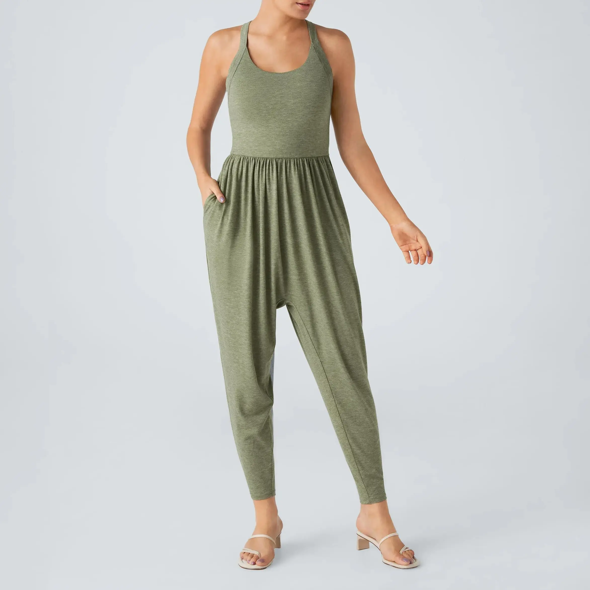 Women's Sexy Backless Halter Jumpsuit, Ruched Butt Lifting One Piece Outfit, Twist Open Back Sleeveless Romper with High Waist Tapered Harem Jogger Pants, Olive Green Going Out Jumpsuit for Vacation, Cocktail Party, Date Night, Club and Summer Travel