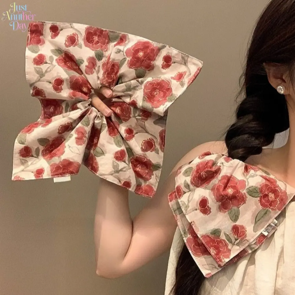 Vintage Red Floral Oversized Square Bow Scrunchies Women Soft Fabric Elastic Hair Ties Elegant All-match Hair Accessories For Low Ponytail Bun Spring Daily Dating