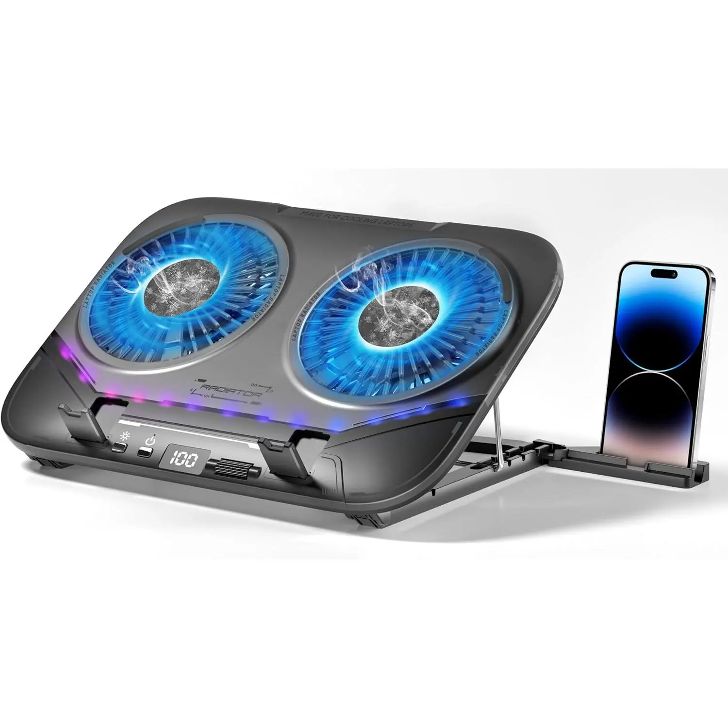 -Core TEC Laptop Cooling Pad with  Stepless-Quiet Fans, 5-Height Adjustable Laptop Cooling Stand, 10-Level RGB for 13-17 Inch Laptops, Includes 15W Charger, Smoky Black