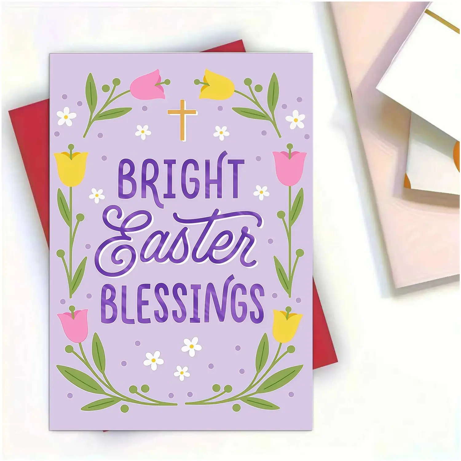 Easter Blessing Greeting Card, Pastel Floral Design, Christian Cross Theme, Ideal for Religious Celebrations