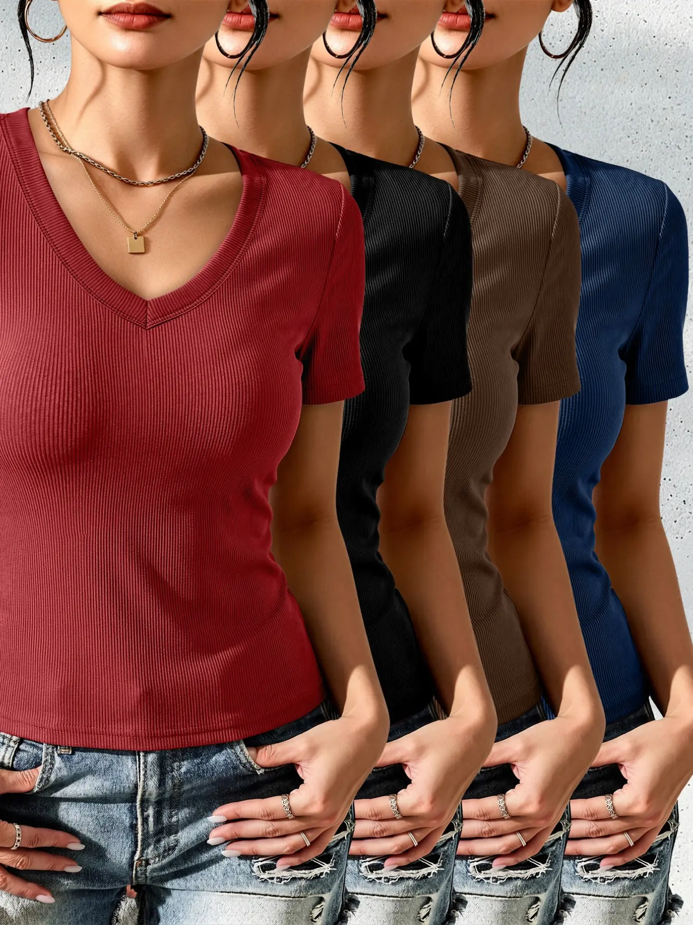Women's Ribbed V-Neck Short Sleeve T-Shirt 4-Piece Set, Casual Fitted Solid Color, All Seasons Wear, Plain Surface Unlined Design Tops