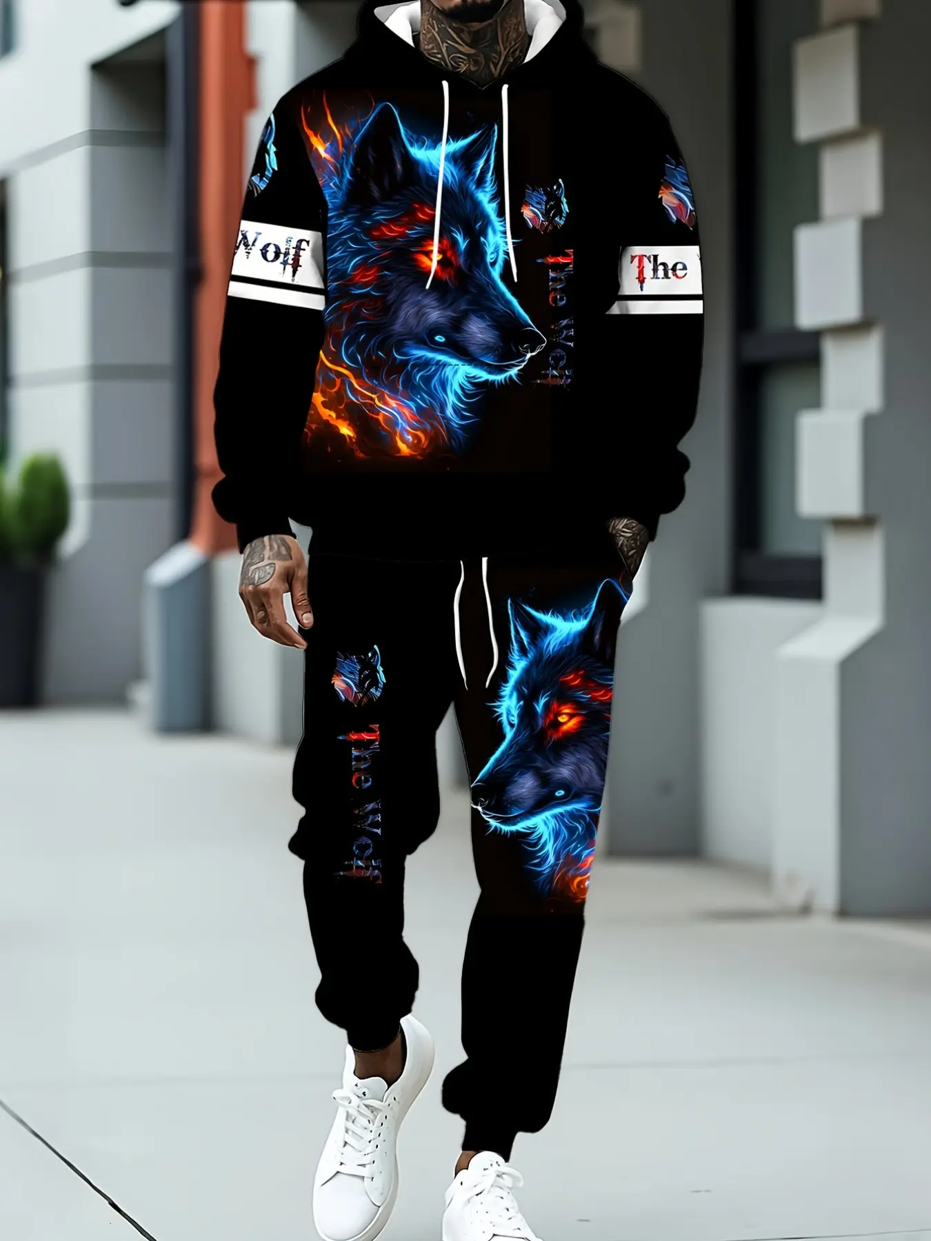 Men's 3D Printed Neon Wolf Head Sweatshirt and Pants Set, Casual Long Sleeve Pullover, Slim Fit, Fall & Winter Fashion