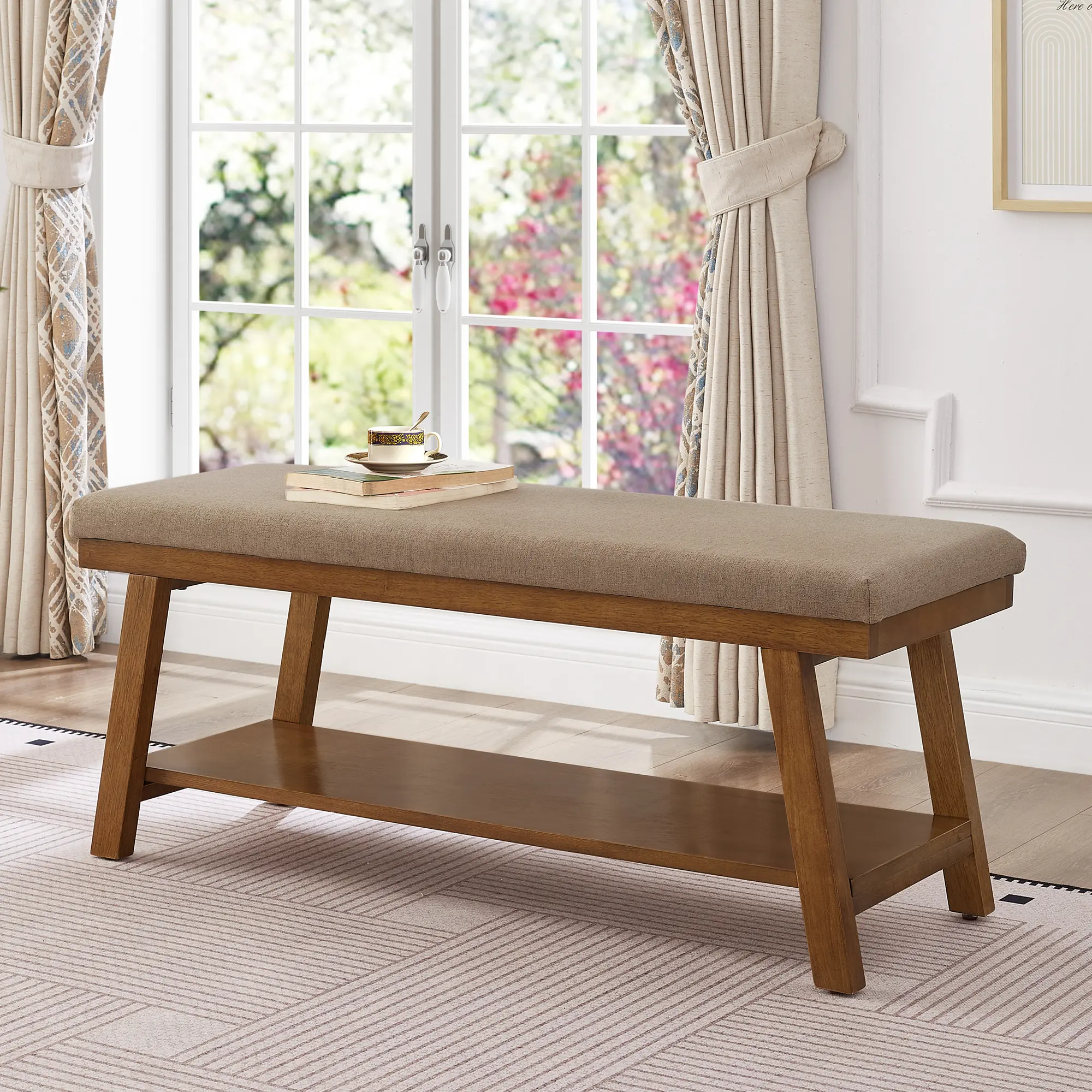 Nokaa Linen Upholstered Storage Bench with Shelf, 350 lbs Capacity Cushioned Seat Ottoman, Modern Bed End Bench for Bedroom Entryway Living Room, Foam Padded Footstool with Wood Base, Linen Color