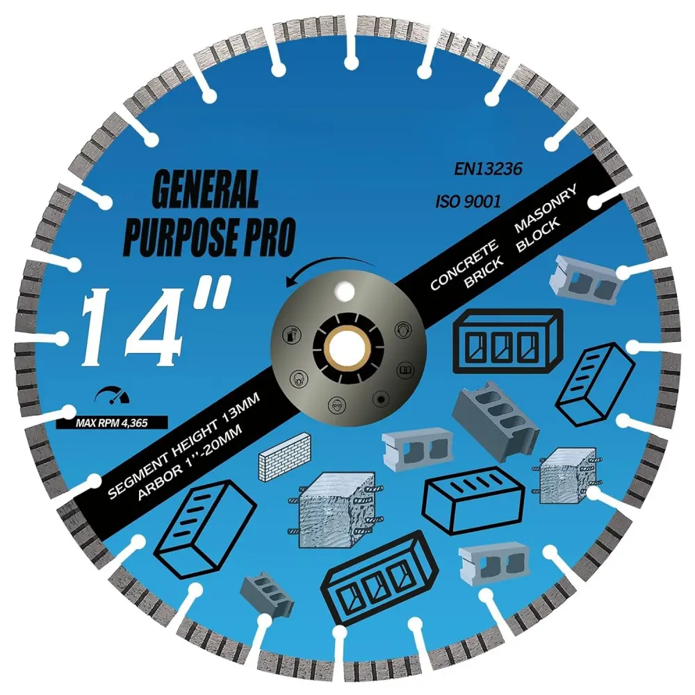 14 Inch Diamond Concrete Saw Blade, Turbo Segmented General Purpose Blade Dry/Wet Cutting Concrete, Reinforced Concrete, Masonry, Brick, Block,1"-20mm Arbor indestructible disc