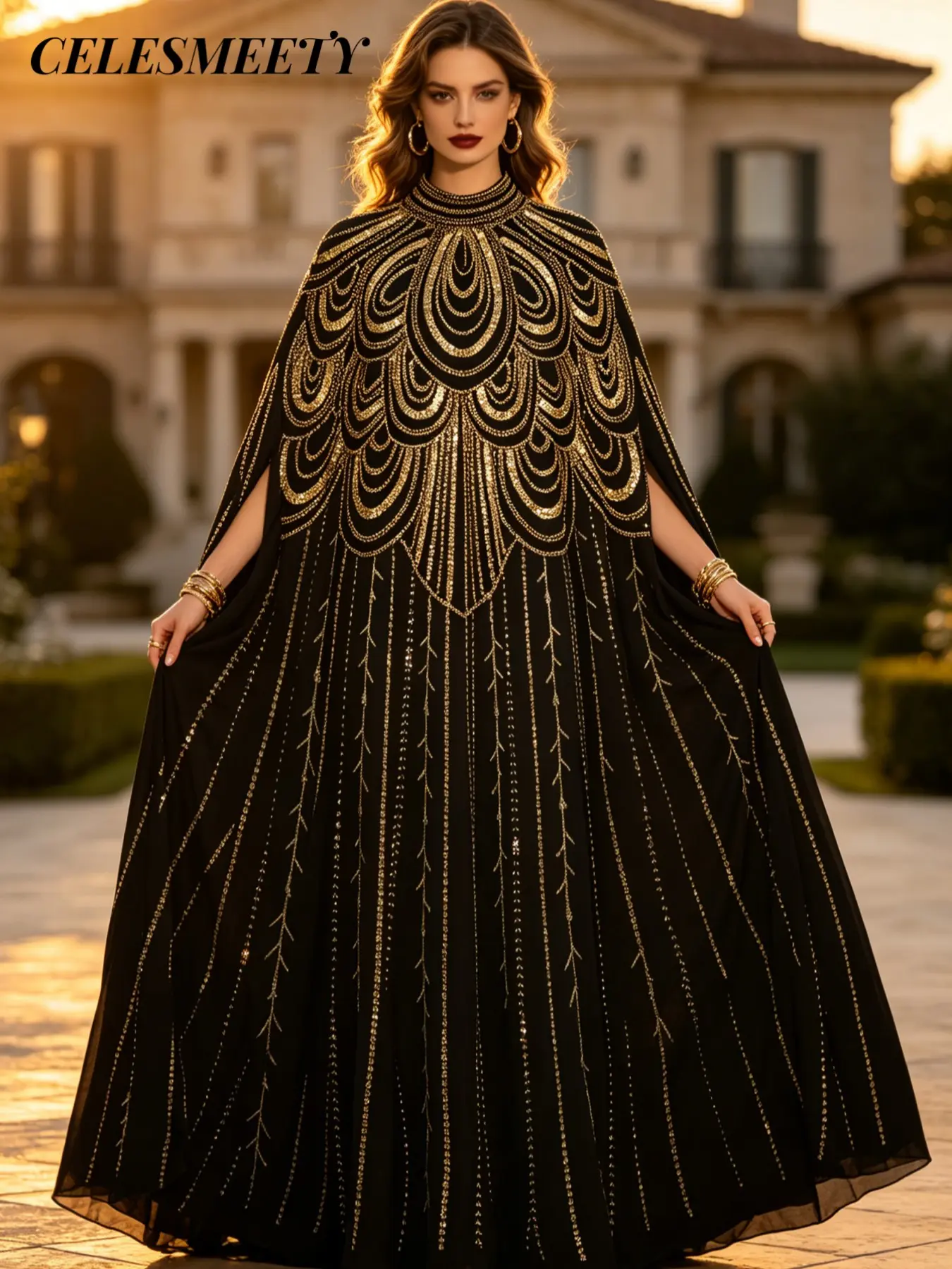 Celesmeety Elegant Sequin Embroidered Muslim Long Robe, Sleeveless Loose-Fit Pullover, Shimmery Lustrous Abaya, Islamic Abaya Dress, Perfect for Weddings and Formal Events