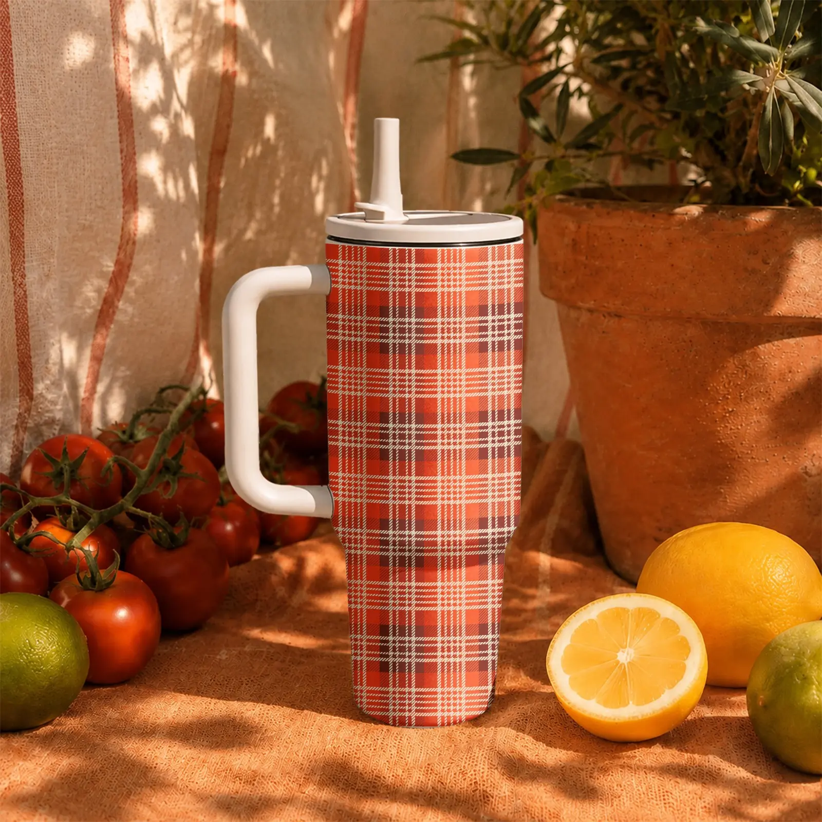 1PC 40oz Caramel Autumn Plaid Tumbler with Handle, Stainless Steel Insulated Travel Cup, Fall Aesthetic Checkerboard Water Bottle with Straw Lid, Double Wall Vacuum Coffee Mug, Large Capacity Reusable Cup for Women Girls, Trendy Autumn Gif