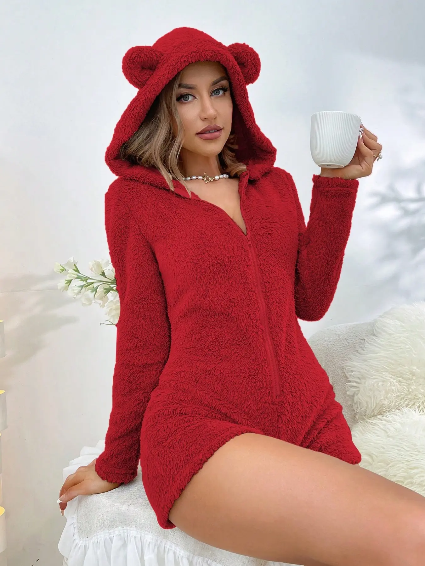Women's Plain Hooded Romper, Long Sleeve Heart Pattern Sleepwear Loungewear, Fall & Winter Fashion, Soft Comfortable Cute Design, Casual Daily Wear