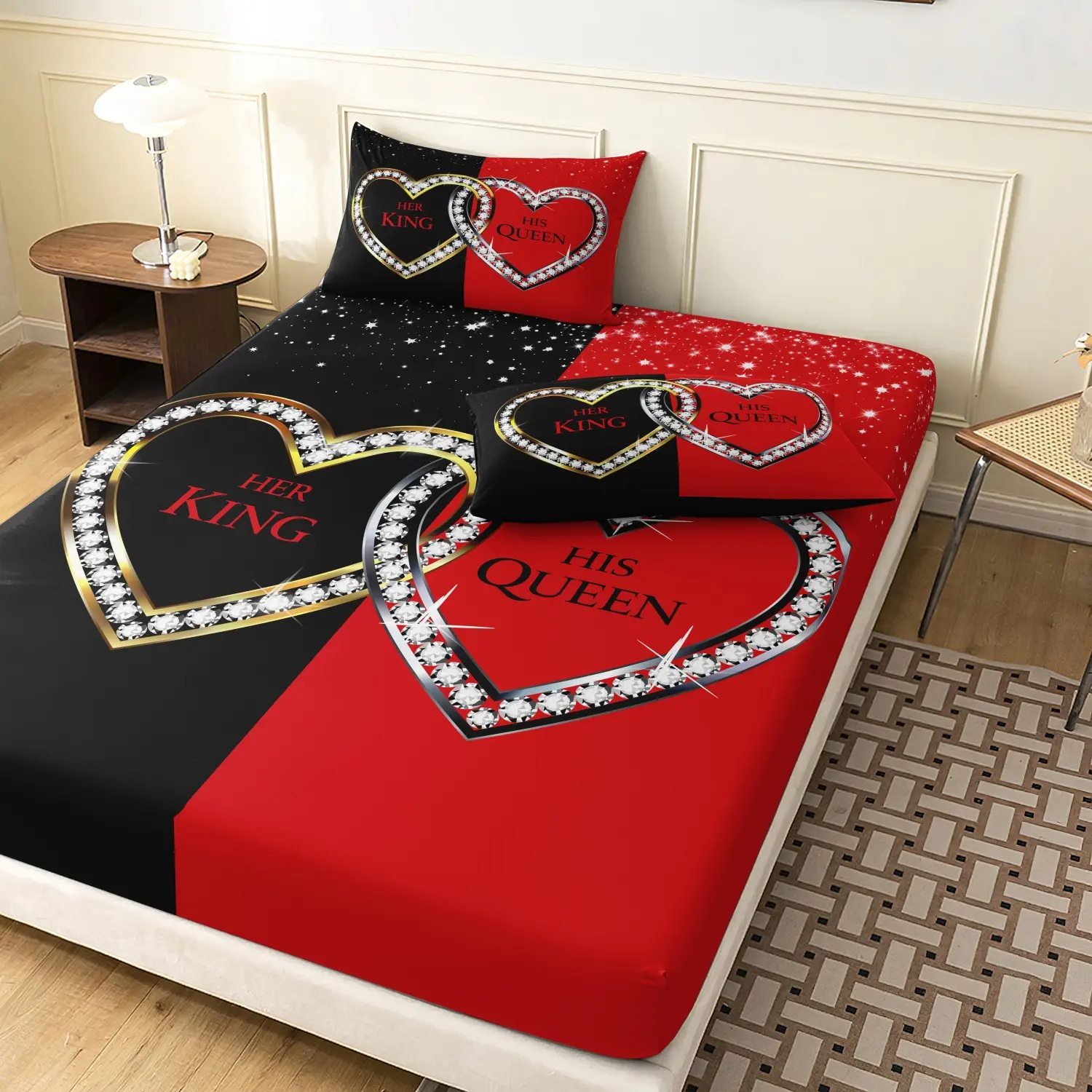 3 Pieces Red Black Color Block King Queen Diamond Heart Fitted Sheet Set, Interlocking Heart Couple Letter Print Bedding, Soft Microfiber Romantic Luxury Aesthetic Bedding Decor for Couples Husband Wife (1 Fitted Sheet + 2 Pillowcases, No Pillow)
