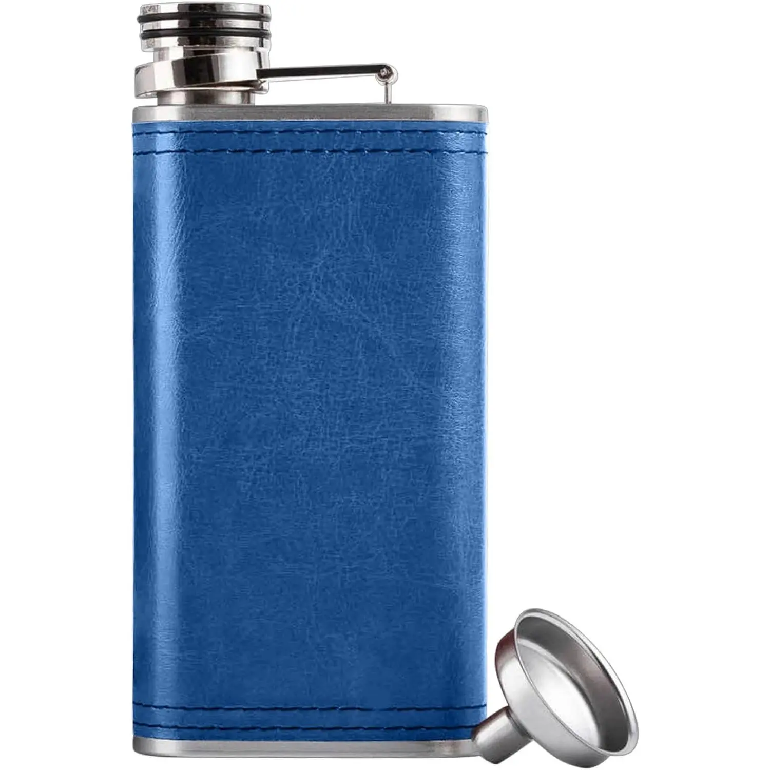 8oz Stainless Steel Pocket Flask Blue PU Leather +  Clip +  Cozy + Funnel (Navy Dapper Set)