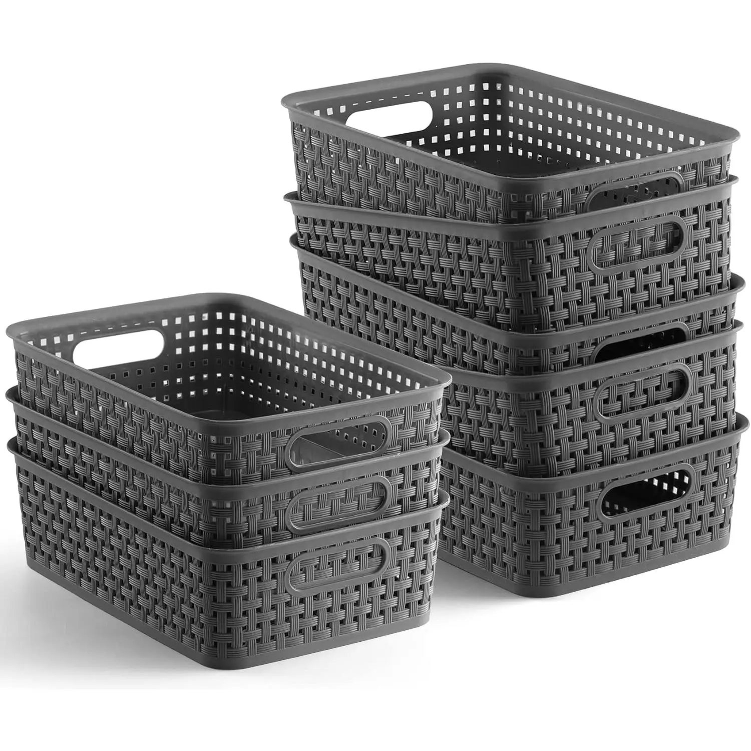 Plastic Storage Baskets - 8 Pack, Gray, Durable, Easy to Use, Flexible, Multi-Purpose, Ideal for Closets, Cabinets, Shelves, Countertops