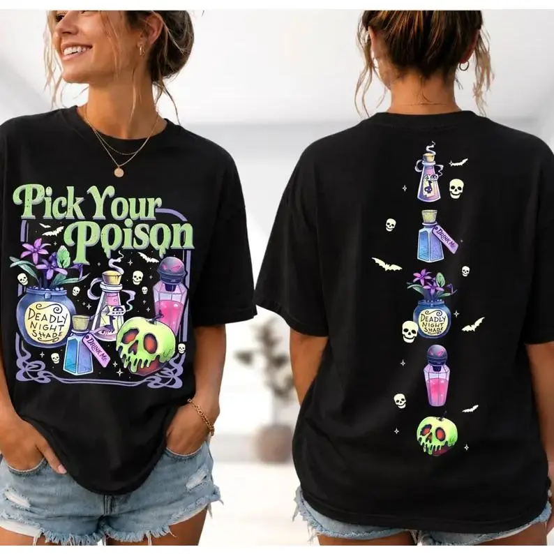 Pick Your Poison Villains Short-Sleeve T-Shirt - Spooky Potion Halloween Tee, 2-Sided Printing, Casual Tops for Adult Girls Boys Trip, Beach & Anniversary Wear, Shortsleeve, Comfortable, Fit, Fabric, Round Neck, Breathable, Hand Wash Ok, Multi-Size, Spook