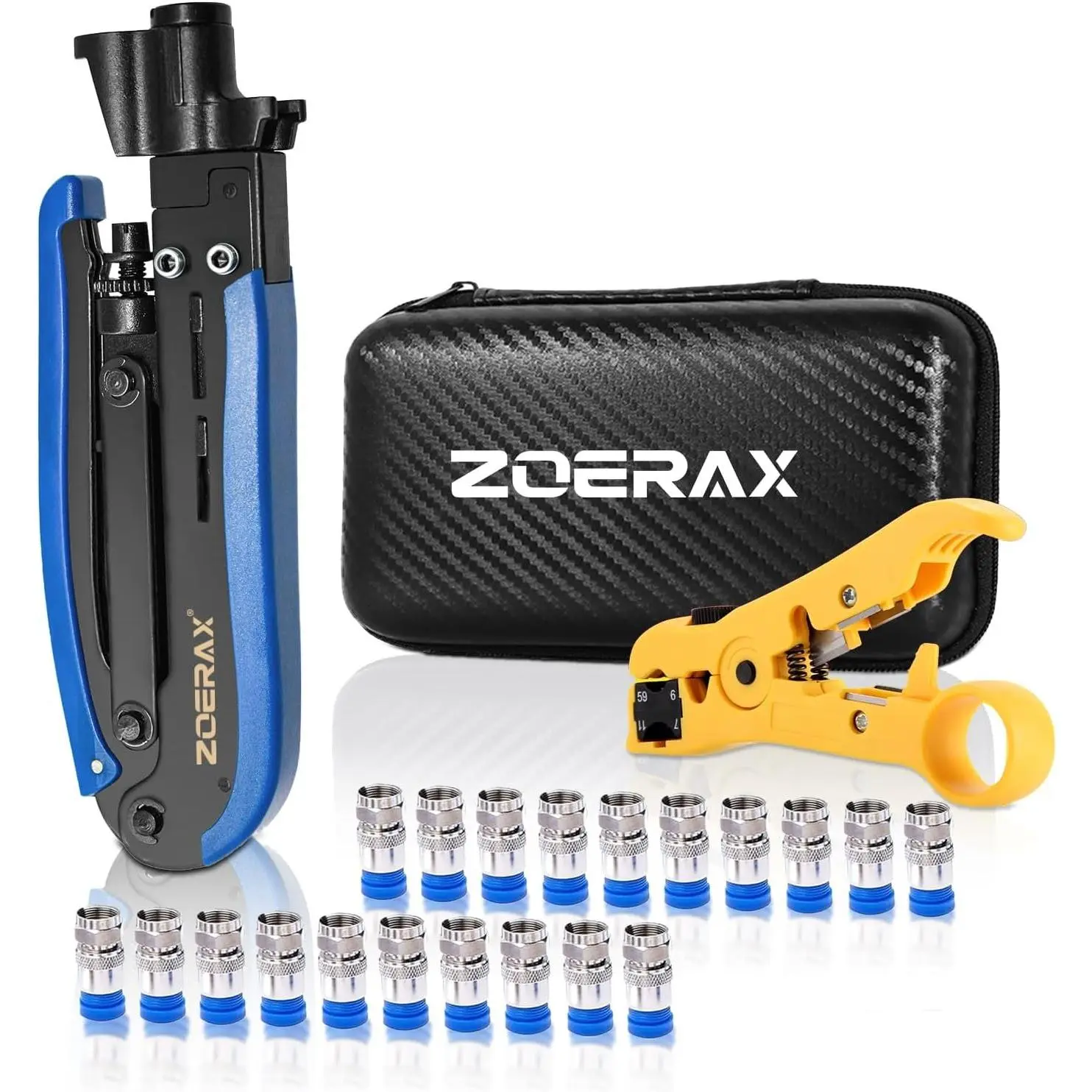 Coaxial Cable Crimper Tool Kit - Includes Wire Stripper, 20PCS F Connectors, Compression Tool for RG6, RG59, RG11 Cables for Home Install, TV & Internet Setups, Includes Connectors