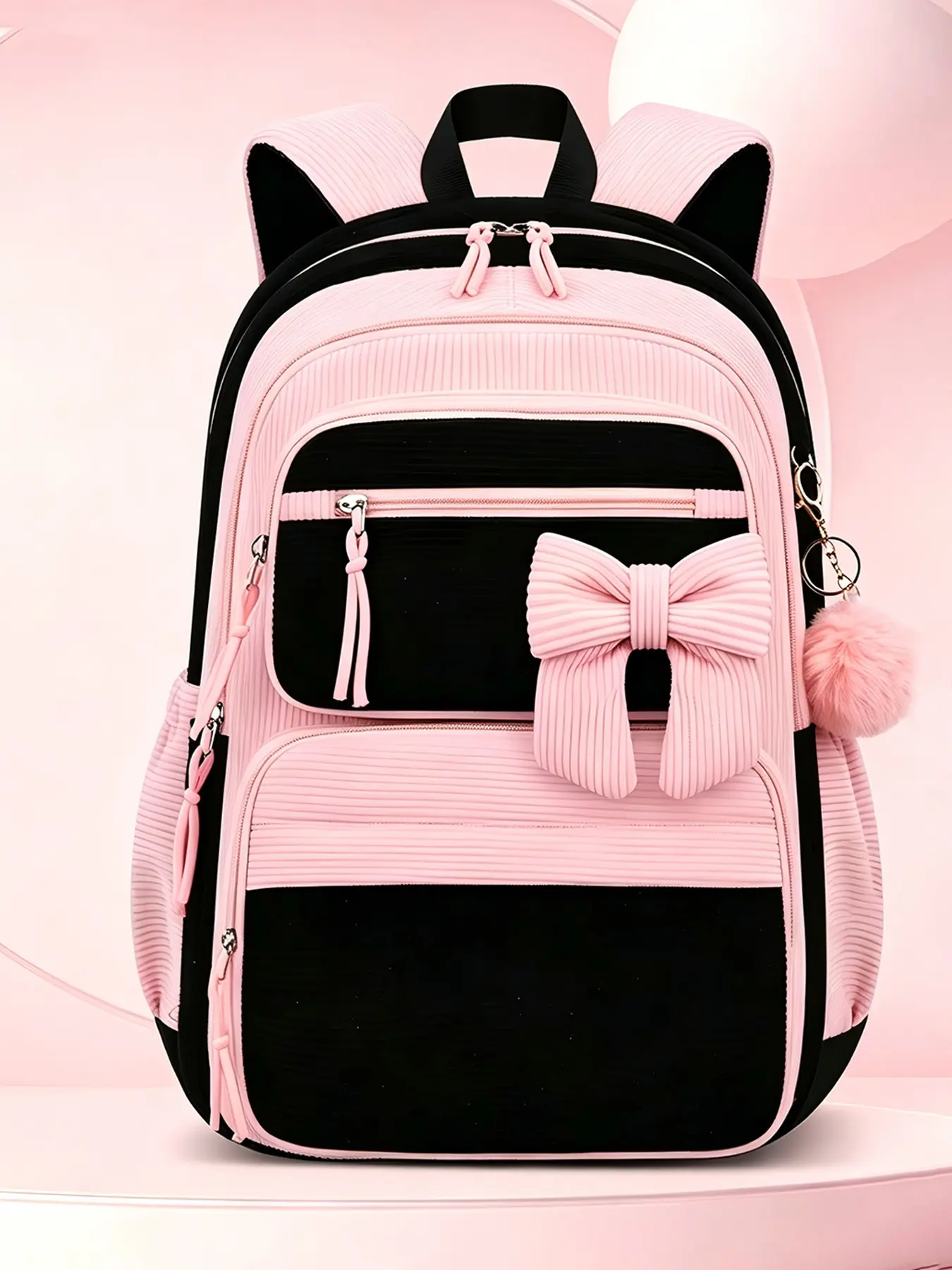 1 Piece Vertical Textured Contrast Trim Backpack Large Bow Ornament Fluffy Pom Pom Pendant Multi-Layer Zipper Compartments Padded Adjustable Shoulder Straps Large Capacity Daily Backpack Cute for Campus Study Daily Commute Weekend Outdoor Trip
