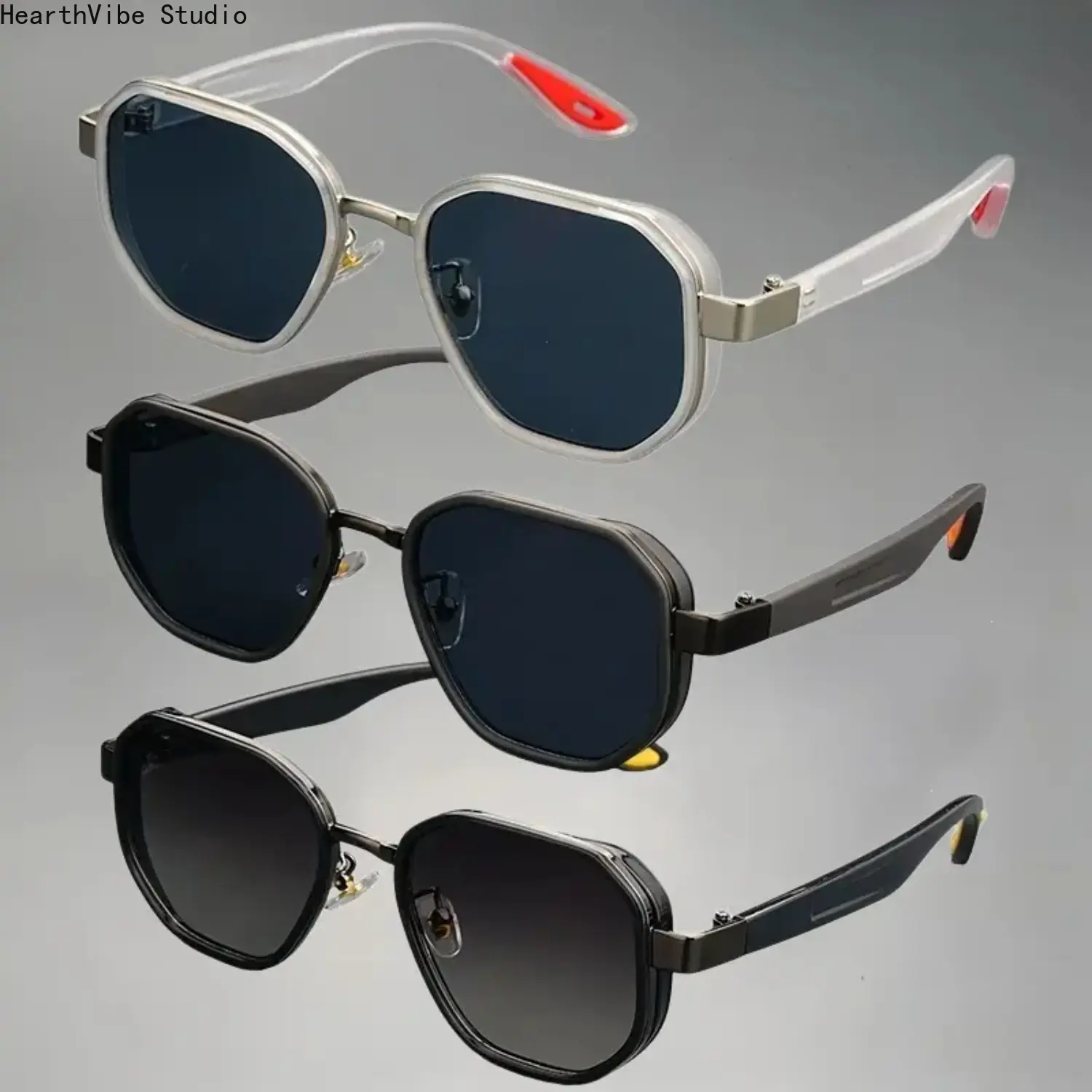 Unisex Geometric Polygon Sunglasses, Retro Clear Frame Sun Glasses with Metal Trim, Lightweight TR90 Anti-Glare UV400 Sport Shades for Driving Fishing Travel