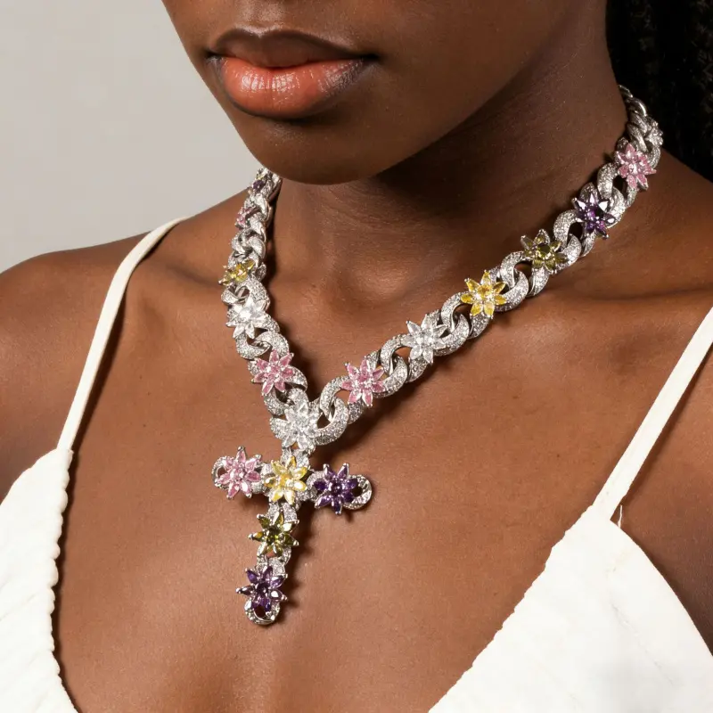 Loveden fully inlaid colorful floral cross Cuban chain necklace set, gold-plated brass with colorful zircon, hip-hop style necklace for men and women, available in silver and gold