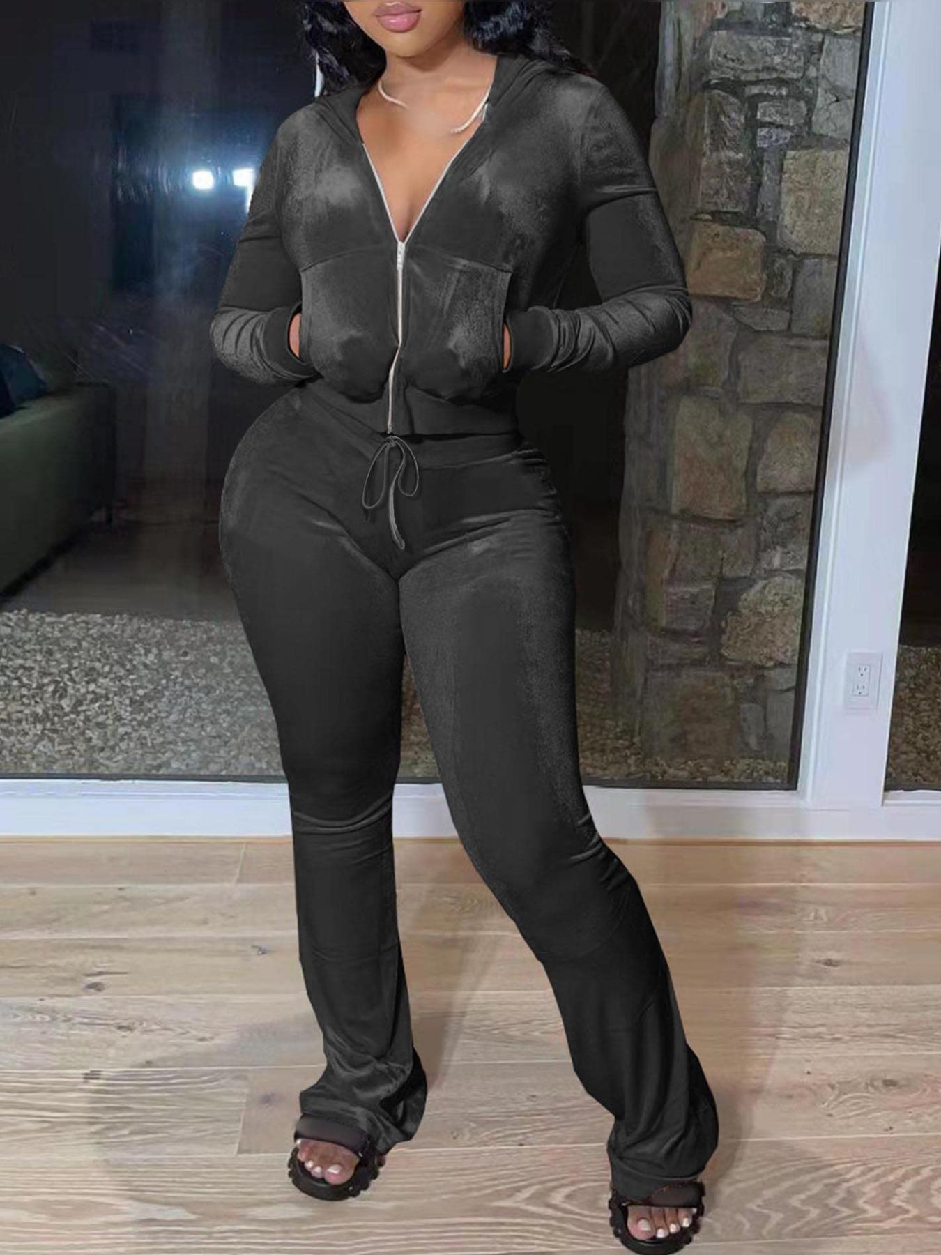 【Plus Size】 Two-piece Set Fitted Hooded Long Sleeves Jacket & Elastic Pants with Pockets Soft Velvet Set for Daily Casual Wear, Women's Two-piece Outfits for Fall & Winter