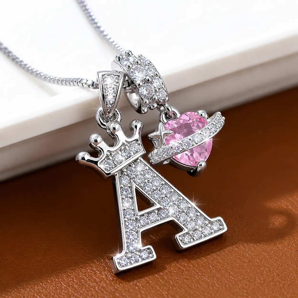 Exquisite Silver Plated A-Z Letters Necklace Crown Initial Heart Pendant, Personalized Pink Heart Shiny Cubic Zirconia Pendant Alphabet Name Jewelry Holiday Gift Party Birthday Wedding Engagement Anniversary Jewelry