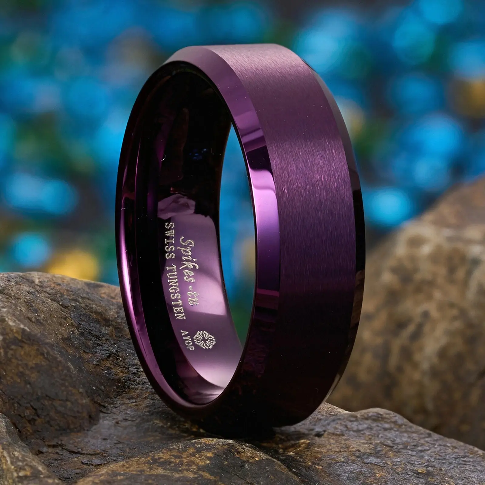 8mm Purple Brushed Finish Tungsten Carbide Atop Ring, Classic Simplicity Men's Wedding Band
