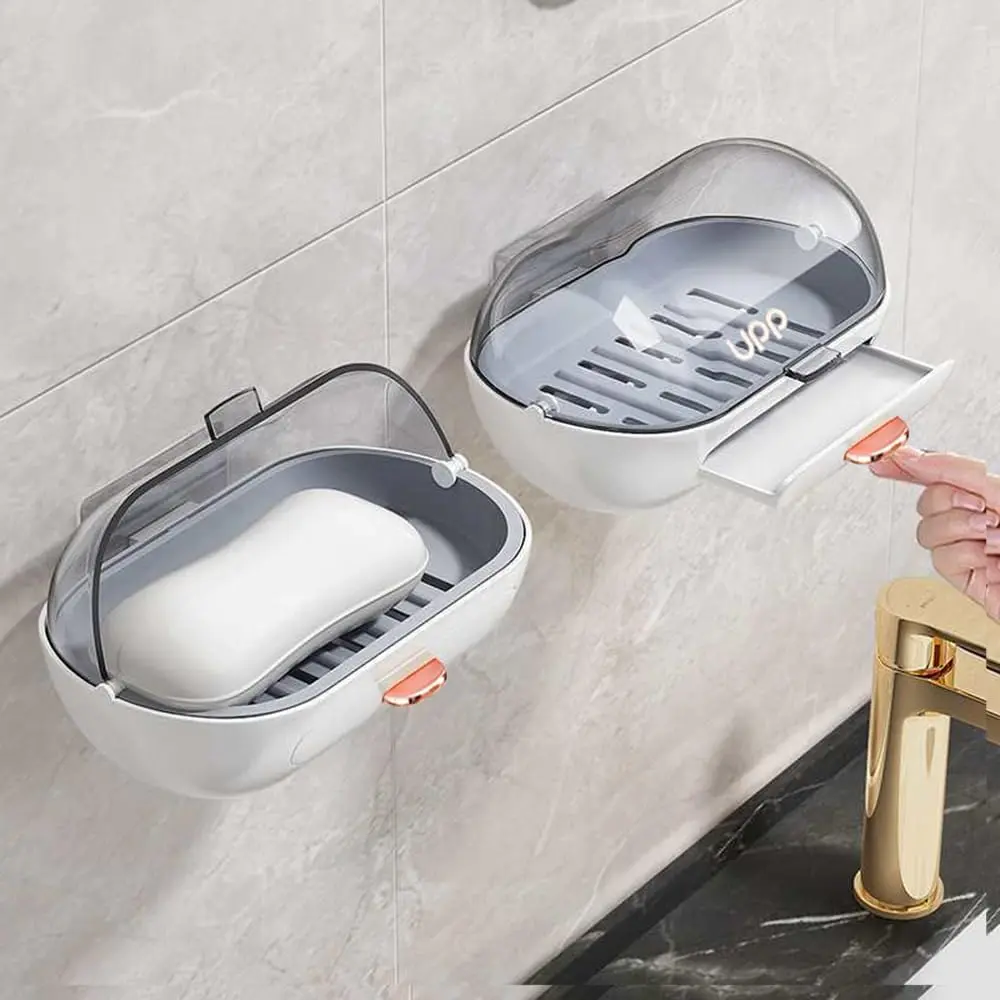 2 Pack Shower Soap Dish Holder with Lid, Bar Soap Container with Drain |   Wall Mounted Soap Box Container for Shower,,, Sink, Included