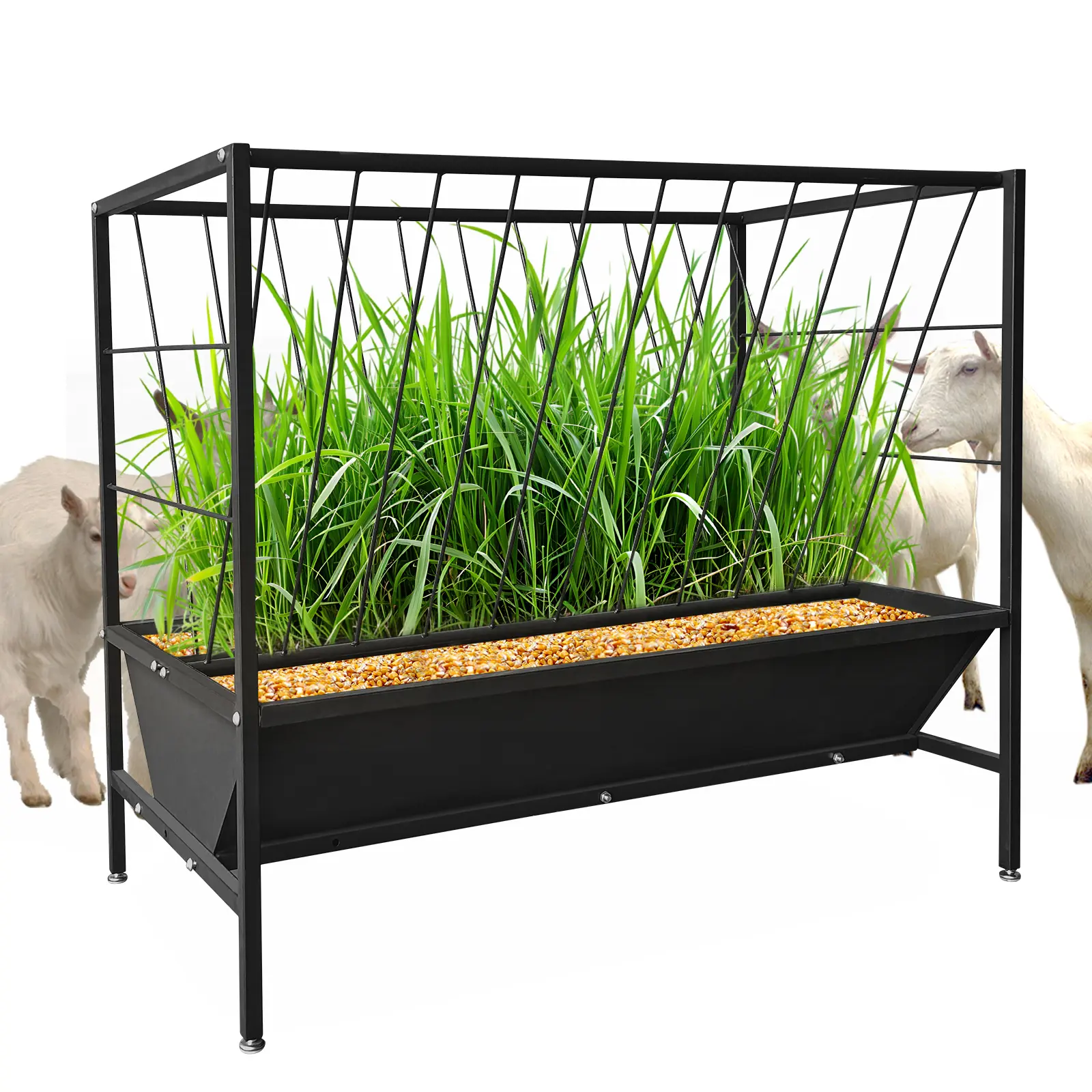 Heavy Duty Steel Pasture Hay Feeder Set – 45 Gallon Livestock Trough with 24 Gallon Feed Pan, Durable Manual Garden Tool Kit for Sheep, Goats, Calves, Cows, Horses, Black – Ideal for Feed & Hay, Complete Set
