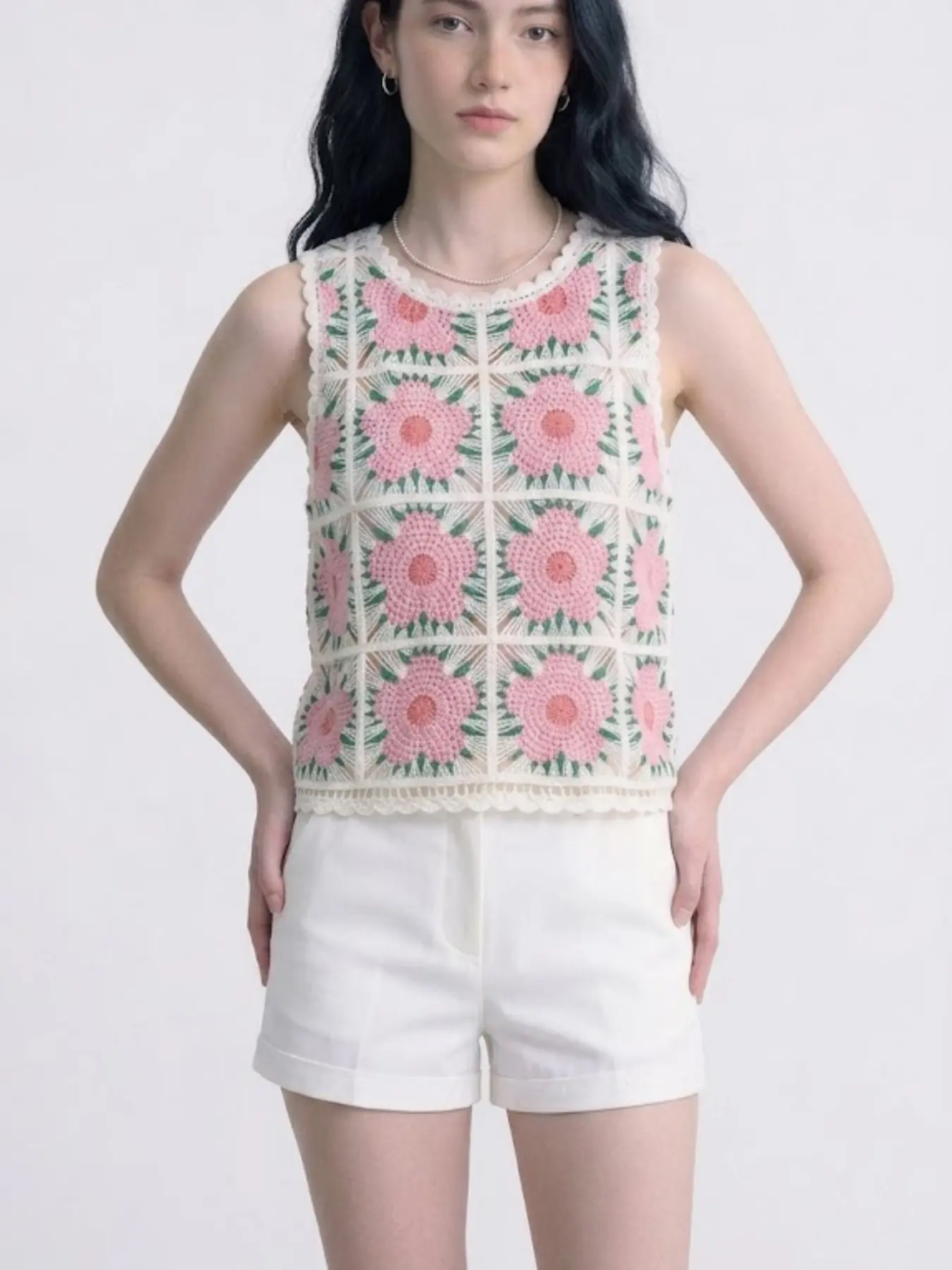 Women's Bohemian Lace Trim Sleeveless Vest, Summer Casual Knit Top, Floral Granny Square Crochet Patchwork, Wave Edge Design