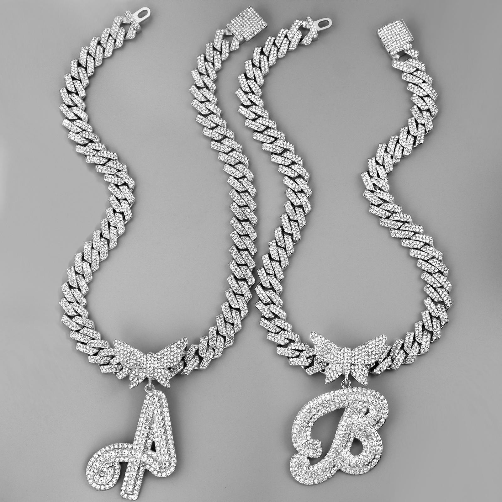 Iced Out Bling Butterfly Letter Pendant Necklace For Women AAA Rhinestone Paved Prong Cuban Chain Initial Necklaces Punk Jewelry