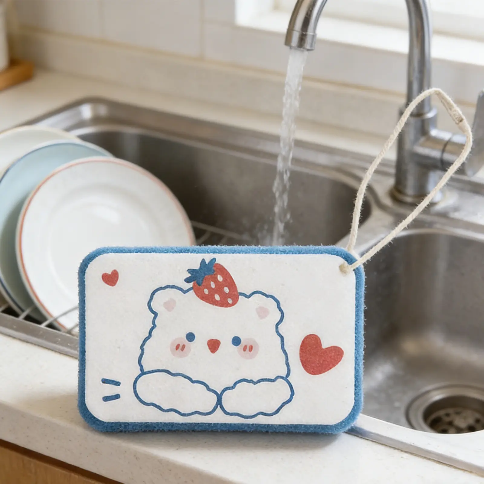 Strawberry Bear Dish Sponge Scrub Pad with Hanging Rope, Cute Fruit-Themed Kitchen Decor for Washing and Cleaning, Fruit Themed Decor