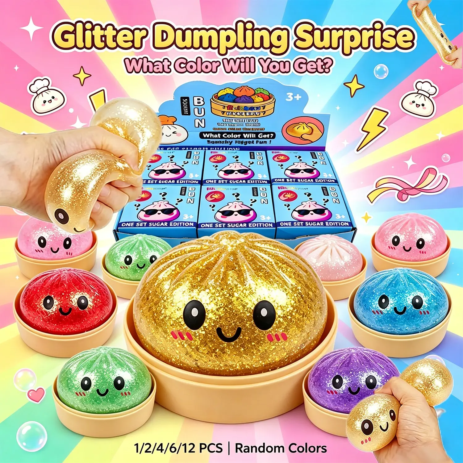 Glitter Dumpling Squishy Toy, Soft Gel Stress Relief Fidget Toy with Mini Steamer, Random Surprise Colors, Rare Golden Style