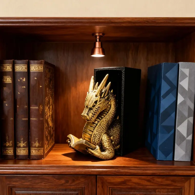 Creative Dragon Design Bookend Decorative Book Holder, Antique Copper Color Dragon Statue for Shelf, Non-Slip Heavy Vintage Gift, Decorative Book Ends, Office Desk Accessories