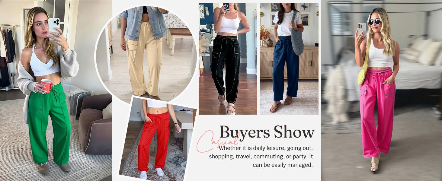 Aoysky Womens Baggy Barrel Wide Leg Pants Casual Drawstring Elastic Waist Contrast Stitch Workout Sweat Pants with Pockets