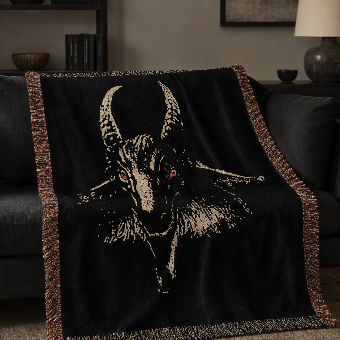 【1 Pack】Dark Gothic Baphomet Goat Head Woven Blanket Mystical Occult Red Eye Demon Ram Tapestry Throw Fringe Edges Reversible Sofa Cover Halloween Dark Aesthetic Bedroom Living Room Decor Photo Prop
