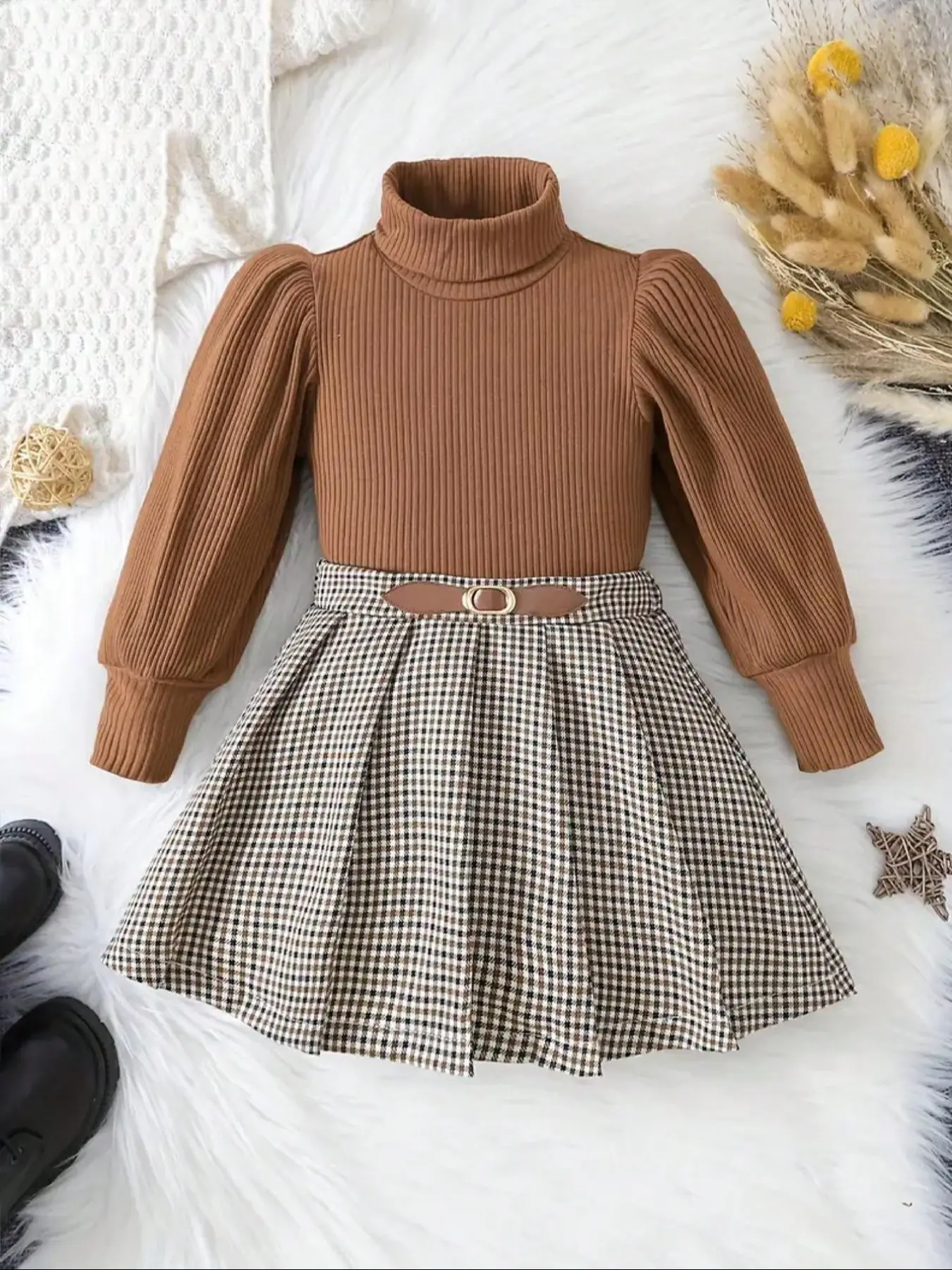 2pcs Toddler Girls Long Sleeve Knit Pullover + Houndstooth Skirt Set Kids Clothes Party Gift