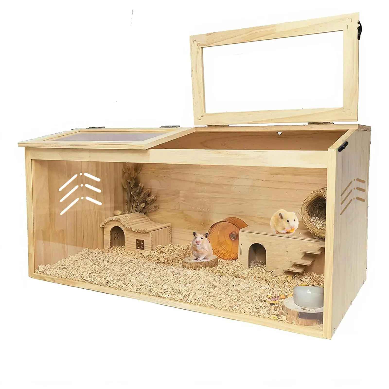 Large Wooden Hamster Cage Indoor Gerbil  Cage with Acrylic Viewing Window & Openable Top, Hamster Habitats Enclosure, Small Pet House for Gerbils, Mice, Syrian Hamster, Guinea Pig