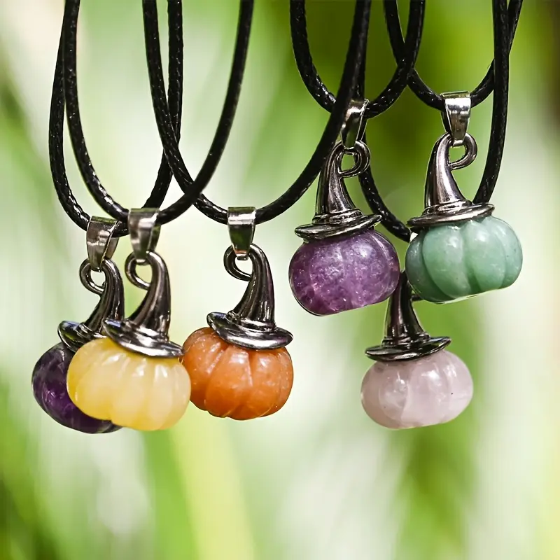 Casual Unisex Pumpkin Jack-O'-Lantern Element Costume Jewelry Necklaces Set - 5 Necklaces with Witch Hat Crystal Pendants, Purple/Orange/Yellow Faux Gemstones, Halloween Decor, Friend Gift Accessory