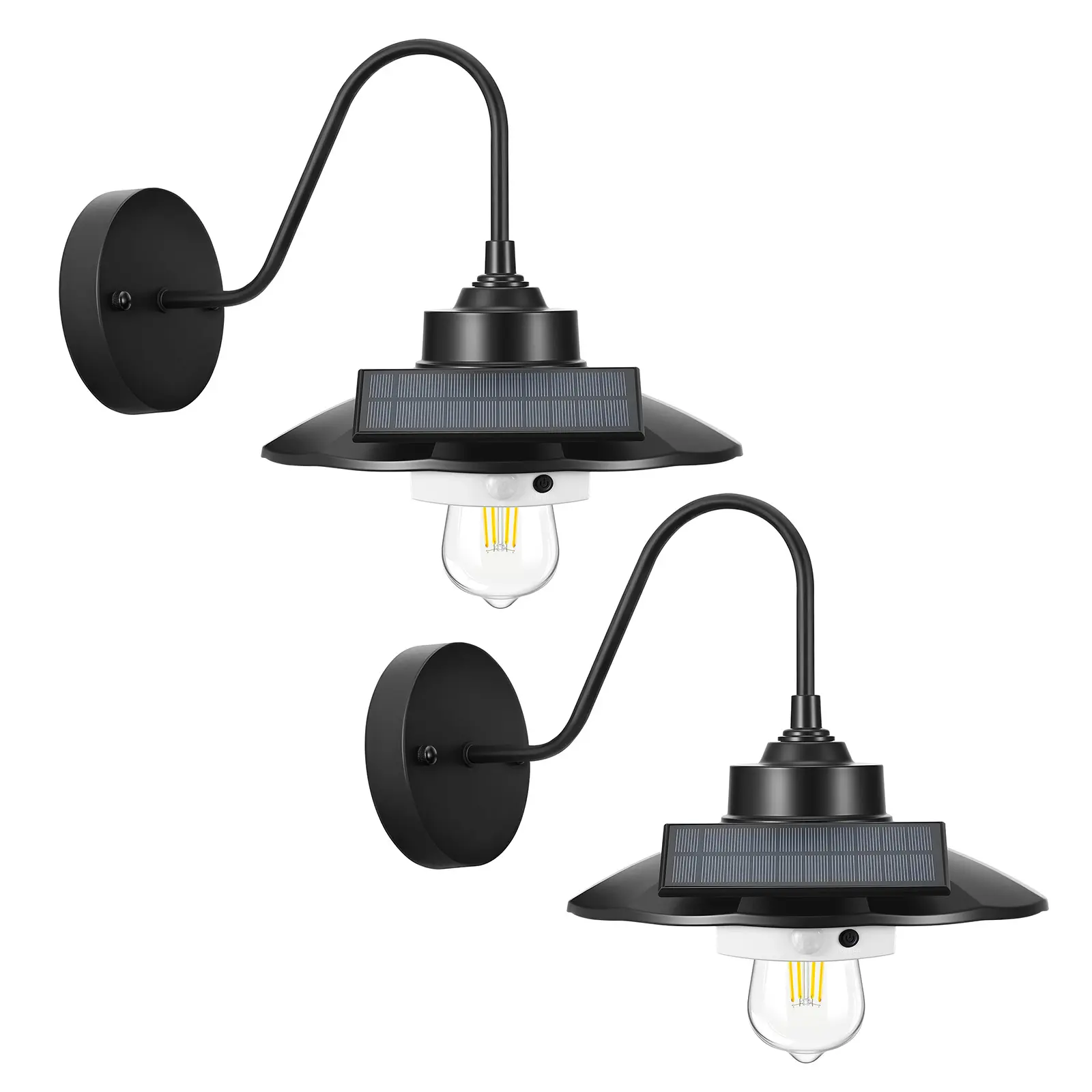 Black Solar Outdoor Barn Lights 2-Pack, Gooseneck Farmhouse Wall Sconces with 3 Lighting Modes, Motion Sensor, E27 Bulb Compatibility, Waterproof for Porch, Garage, Solar Outdoor Lights