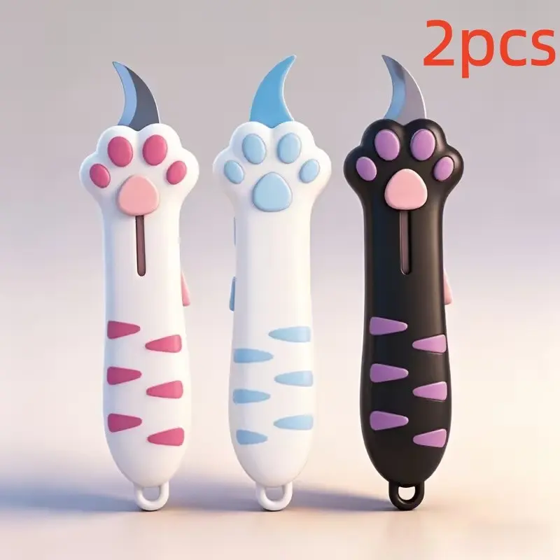 2-Piece Multi-Functional Pocket Knife Set, Cute Cat Paw Retractable Blade, Non-Slip Handle, Portable Unboxing Tool, Office Cutting Supply, Ideal for Students and Office Workers