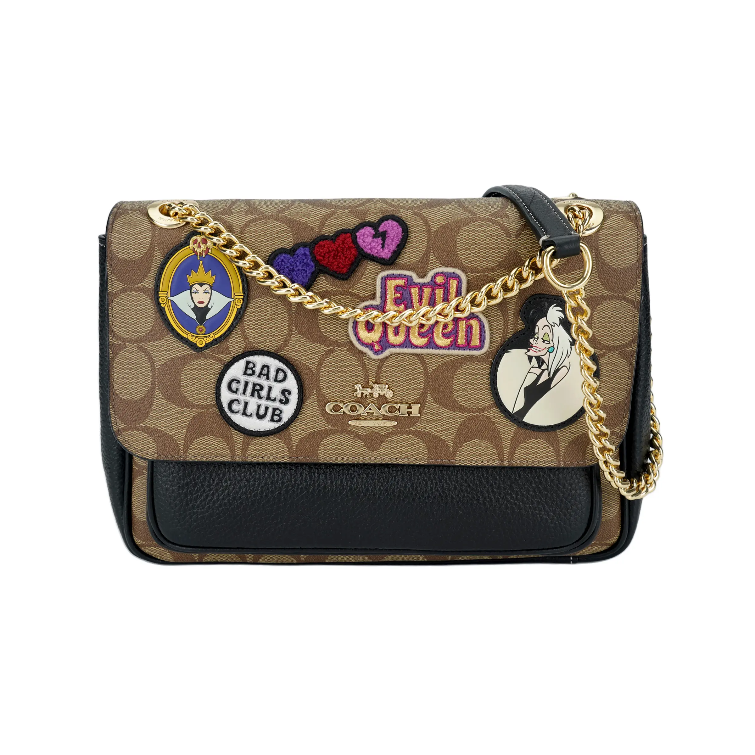Coach x Disney Klare 26 Crossbody Bag for Women, Classic Monogram with Cartoon Logo Embellishment, Faux Leather, Medium Size, Dark Khaki