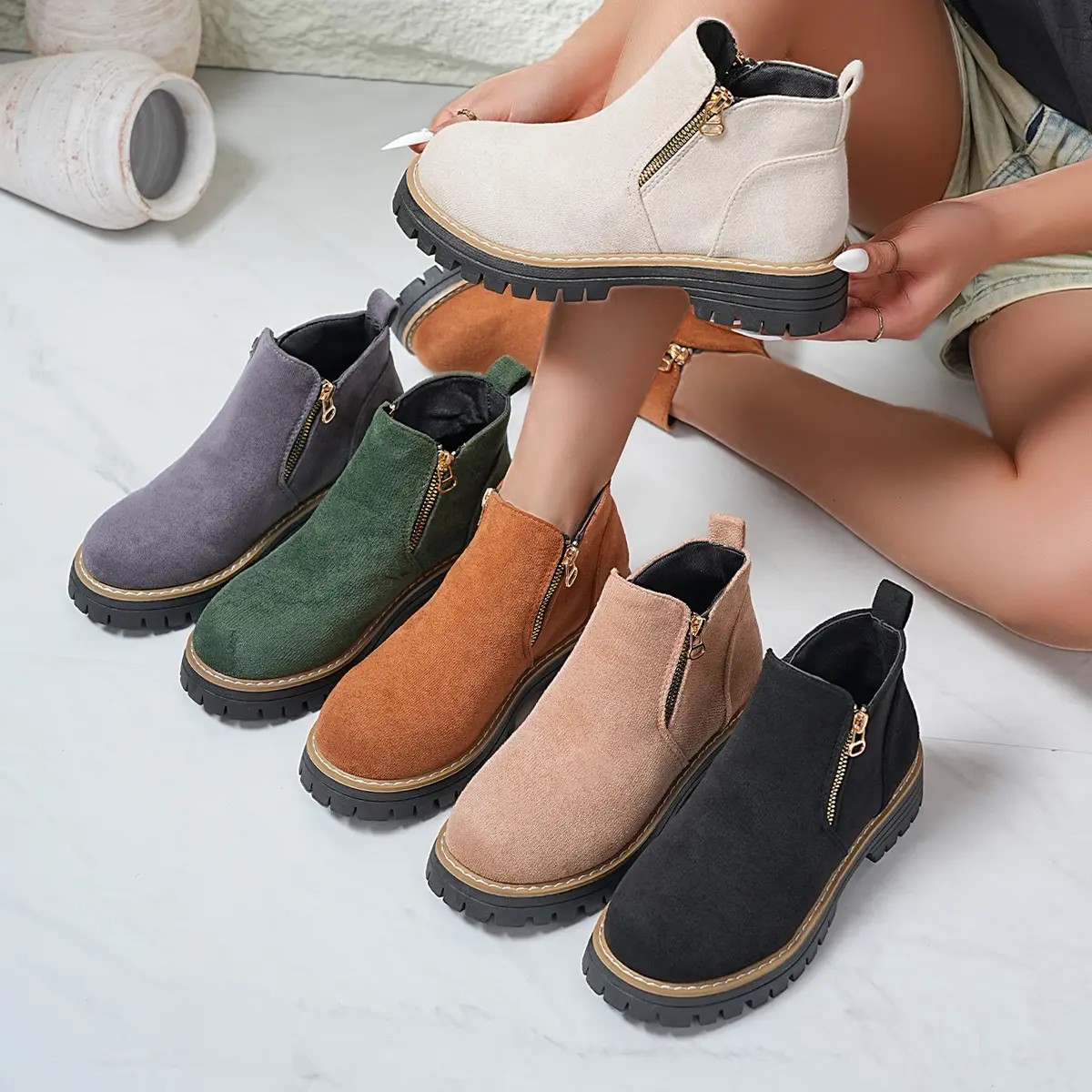 Women's Mid-Calf Hiking Shoes - Elegant Round Toe, Soft PU Leather Upper, Waterproof, Stain-Resistant, Thick Warm Plush Lining Hiking Footwear for Work, Outdoor Activities, Shoe, Female, All Seasons, Rubber（Tpe, Tpr, Etc.）, Synthetics
