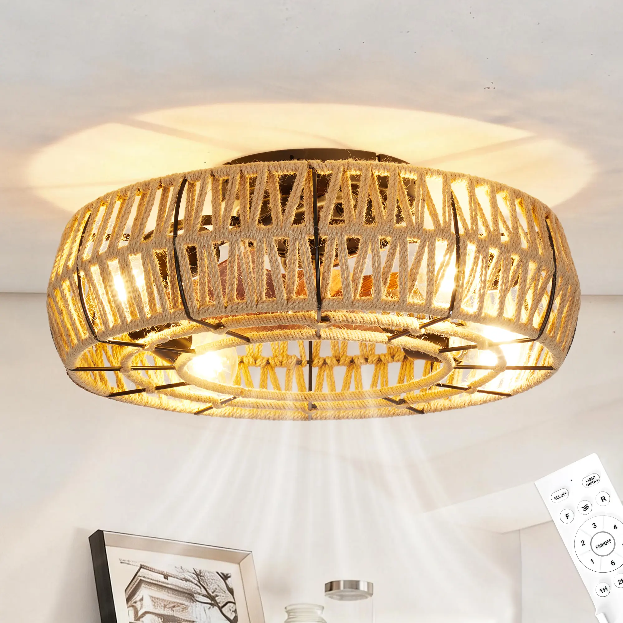 20" Boho Caged Ceiling Fan – Flush Mount with Lights, Remote Control – Handwoven Rope, 6 Speed Reversible – for Living Room, Bedroom, Island
