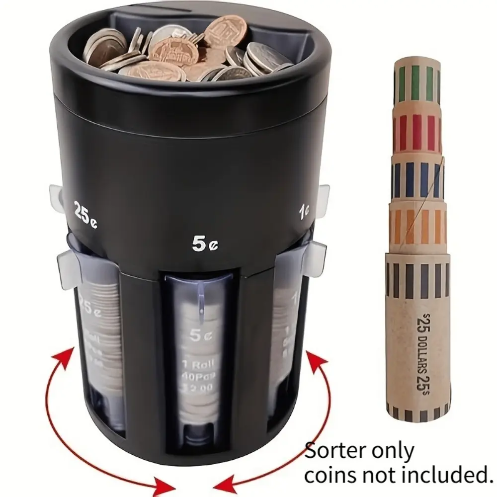 Power-Free Manual Coin Sorting Organizer, 5-channel rotary sorting system with 5 matching coin wrappers, cash management tool for banks, convenience stores & office finance, great practical gift