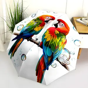 1 PC Automatic Folding Whimsical Umbrella - Colorful Parrots with Bubbles Pattern, Portable & Foldable Design with 8 Ribs, Merry Christmas Pattern,Casual Outdoor Accessory Halloween and Christmas Birthday Gifts. D00198