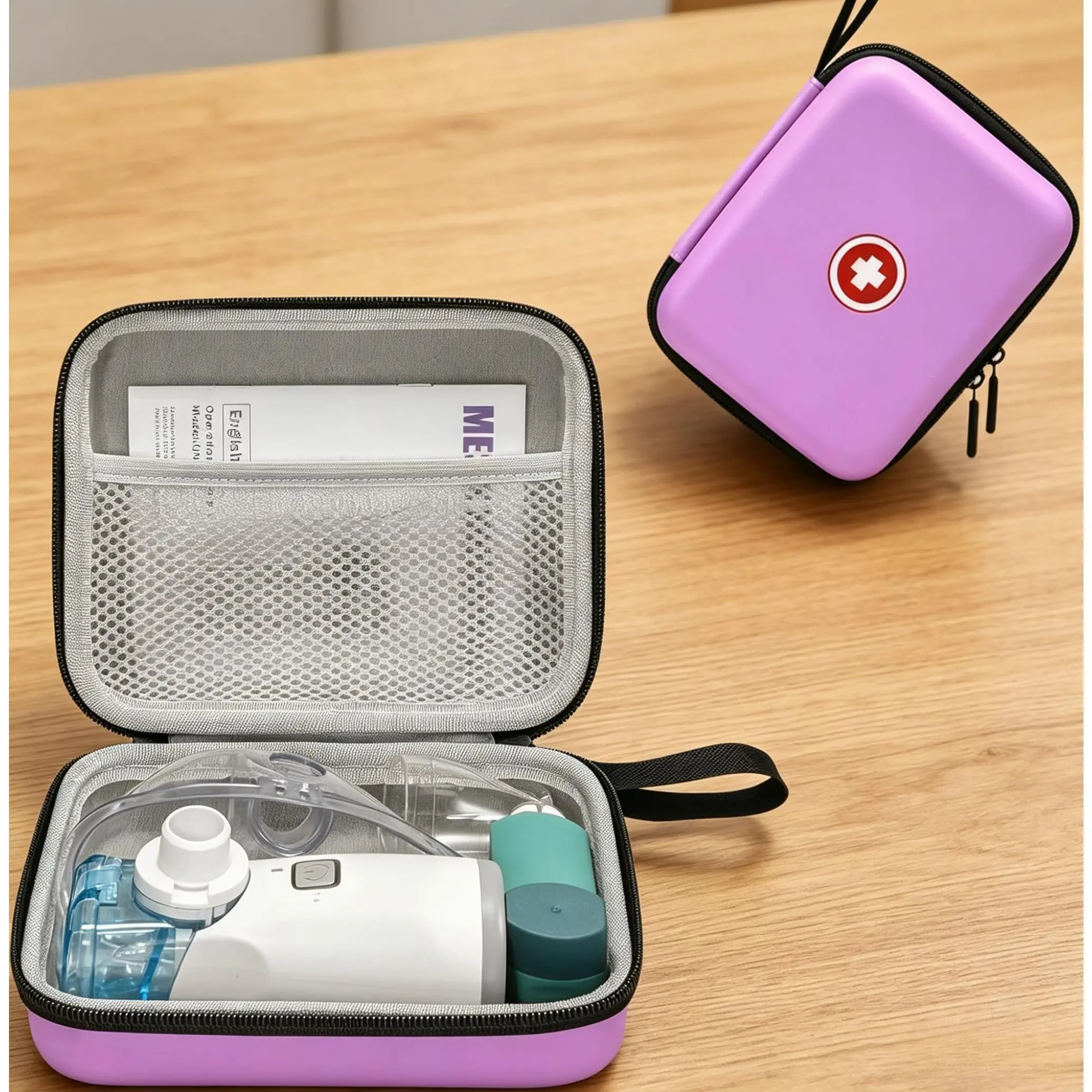 Purple Hardshell Unisex Adult Nebulizer Case - Water Resistant, Shockproof Travel Pouch with Mesh Pouch for Charging Cables, Home Organizer Storage Bag, Easy-to-Carry Flight Essential (Case Only, Fits Portable Mesh Nebulizers)