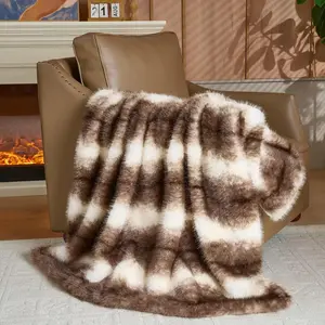 Luxury Faux Fur Throw Blanket,Thick Fuzzy Cozy Blanket,Plush for Couch, Sofa, Chair, Bed-Faux Fur Brown Stripe 50 * 60inch