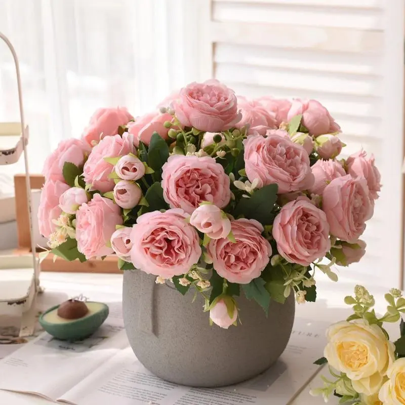 31cm Blush Pink Silk Peony Artificial Bouquet, Decorative 5 Big Heads & 4 Small Buds, 31 cm Long Bouquet-Shape Floral Arrangement for Bride Wedding & Home Decoration (Multiple Colors Available)