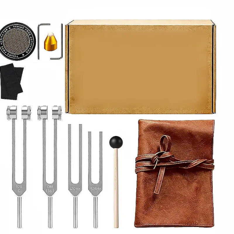 Therapy Tuning Fork Set – 432hz, 528hz, 128hz, 136.1hz, Chakra Balancing, Meditation, Yoga, Stress Relief, Includes Wooden Hammer and Leather Bag