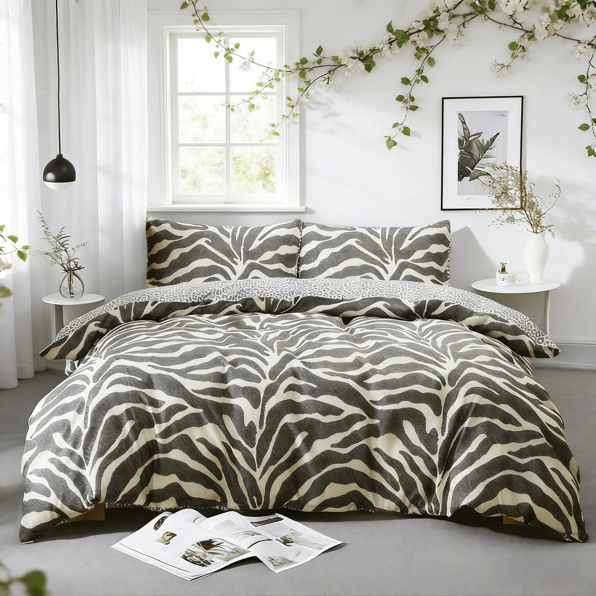 3Pcs Gray Light Luxury Zebra & Leopard Print Reversible Duvet Cover Set, Double-Sided Printed Bedding Set Includes 1 Duvet Cover & 2 Pillowcases, Zipper Closure Design, Soft Cozy Fabric, Decorative Bedroom Bedding, Comfy Bedding Sets, Ideal Gift Choice
